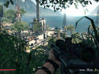 Sniper's first-person view from above a jungle refinery setting in Sniper: Ghost Warrior