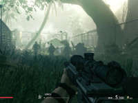 Sniper taking aim from a crouched position in the tall grass in Sniper: Ghost Warrior