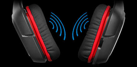 Representation of sound waves between a close up of earpieces