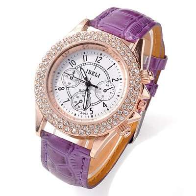 Womens-Crystal-Decorated-Racing-Style-Analog-Quartz-Wrist-Watch-PU-Leather