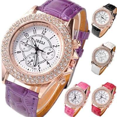 Womens-Crystal-Decorated-Racing-Style-Analog-Quartz-Wrist-Watch-PU-Leather