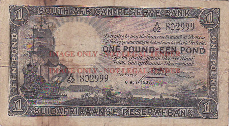 SOUTH AFRICA 1 POUND J.POSTMUS 8 APRIL 1937 A62 802999 ALL THE NINES