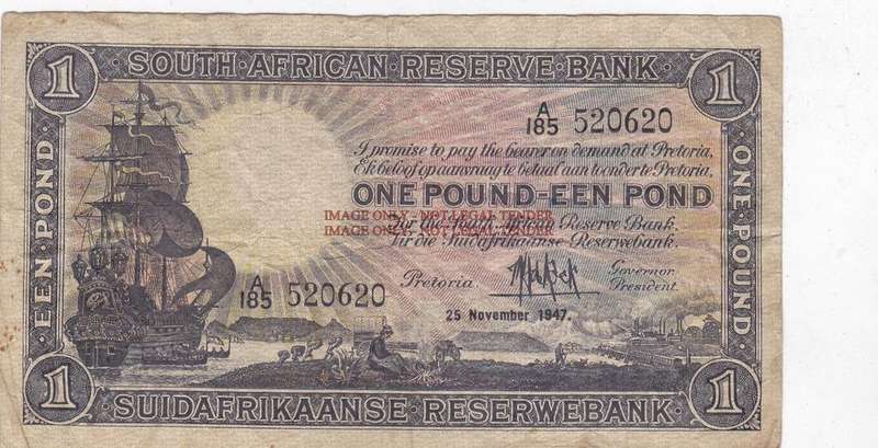 SOUTH AFRICA ONE POUND DE KOCK BLACK 25 NOV 1947