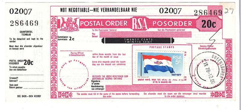 REPUBLIC OF SOUTH AFRICA 20 CENTS POSTAL ORDER 02007 286469 / 5.9.1978 OLD FLAG