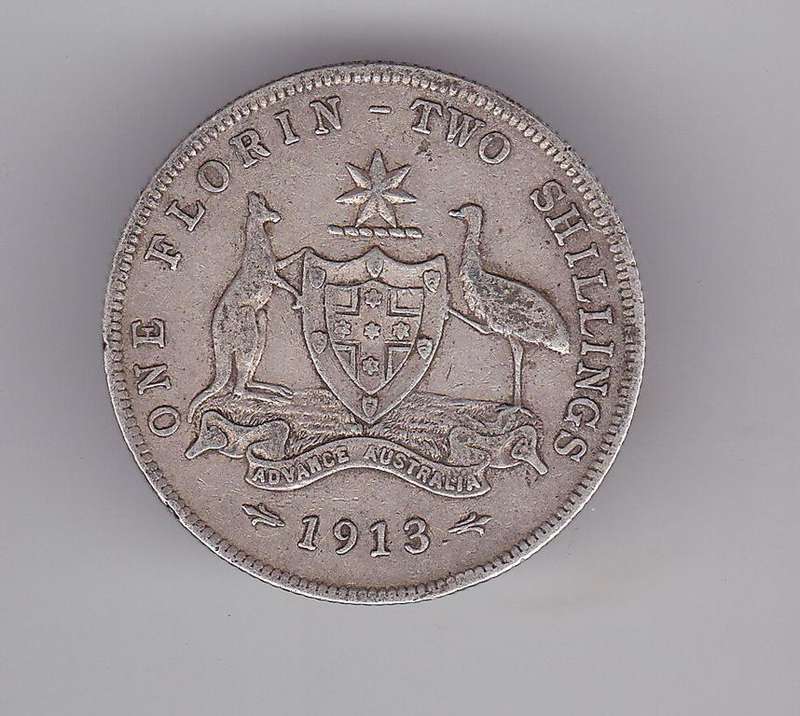 AUSTRALIA FLORIN 1913 SILVER V = $22.5 VF = $200