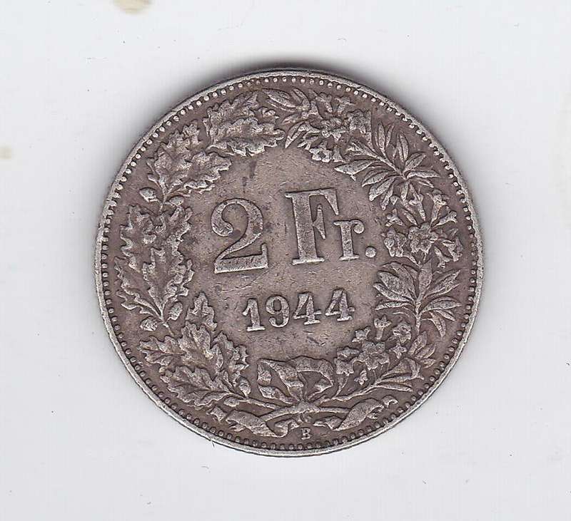 SWITZERLAND 2 FRANCS  1944 SILVER .835