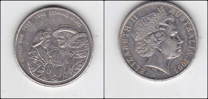 AUSTRALIA 20 CENTS 2005 WORLD WAR 1939-45 COMING HOME HIGH GRADE
