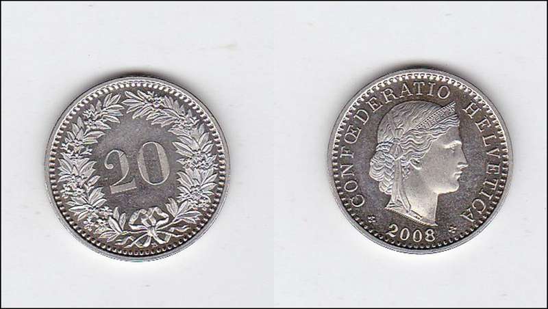 SWITZERLAND 20 RAPPEN 2008 HIGH GRADE
