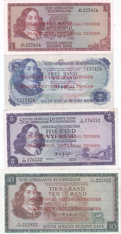 SOUTH AFRICA SET T.W. DE JONGH R1,R2,R5,R10 HIGH GRADE