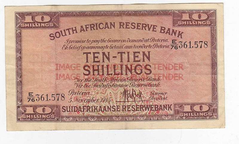 SOUTH AFRICA 10 SHILLINGS M.H. DE KOCK E76 361578 5 NOVEMBER 1945