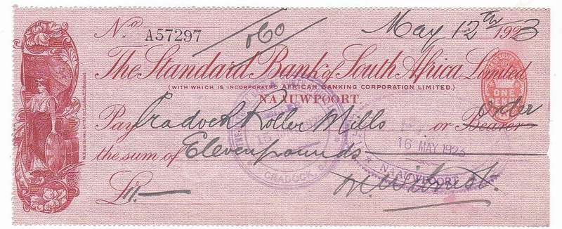 THE STANDARD BANK OF SOUTH AFRICA CHEQUE(USED) 12 MAY 1923 / 11 POUNDS