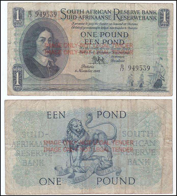 SOUTH AFRICA 1 POUND M.H. DE KOCK 6 NOVEMBER 1948 B17 949539 ALL THE 9'S