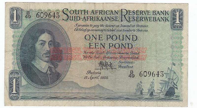 SOUTH AFRICA 1 POUND M.H. DE KOCK 17 april 1950 # B49 609643