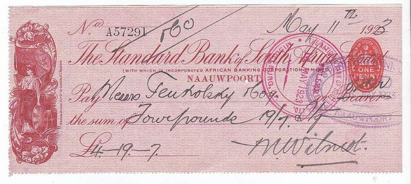 THE STANDARD BANK OF SOUTH AFRICA CHEQUE(USED) 11 MAY 1923/ 4.19.7 POUNDS HIGH GRADE