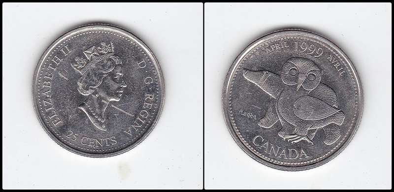 CANADA 25 CENTS 1999 OWL AND BEAR