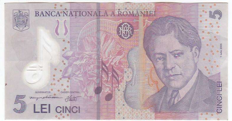 ROMANIA 5 LEI 2005 POLYMER(PLASTIC NOTE)