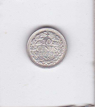NETHERLANDS 10 CENTS 1939 SILVER HIGH GRADE