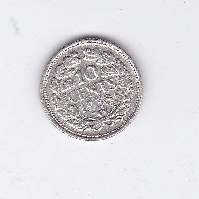 NETHERLANDS 10 CENTS 1938 SILVER HIGH GRADE
