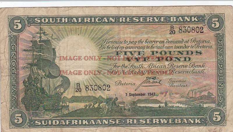 SOUTH AFRICA FIVE POUNDS POSTMUS 7 SEPTEMBER 1942 B20 830802