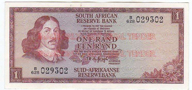 SOUTH AFRICA 1 RAND T.W DE JONGH B628 029302 1967