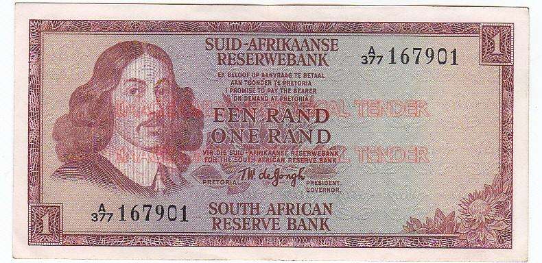 SOUTH AFRICA 1 RAND T.W. DE JONGH A377 167901 1967