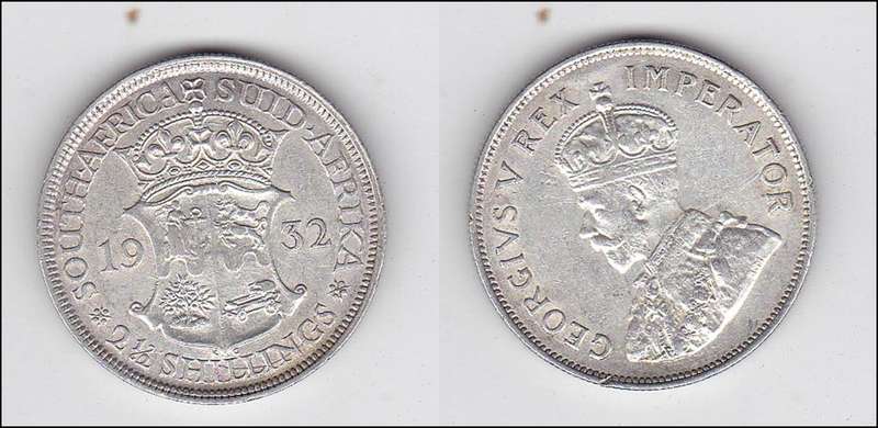 SOUTH AFRICA 2 AND A HALF SHILLINGS 1932 SILVER EF=R1500 HIGH GRADE