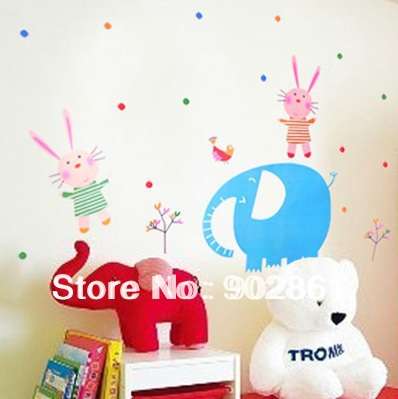 [funlife]-Removable Kids Wall Sticker JM8023 20pcs per lot Elephant & rabbit Nursery Home Wall Home Sticker Decal 500x700mm