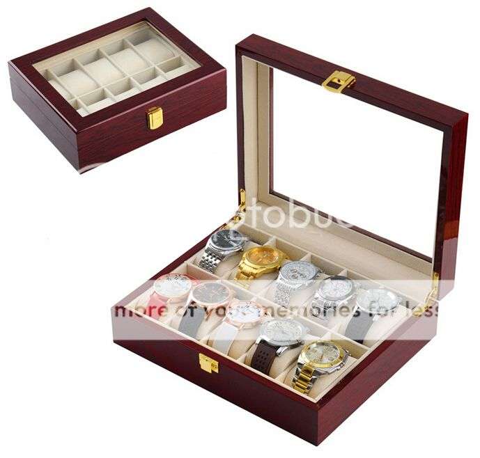 *LOCAL STOCK* Elegant Cherry Wood 10 Grid Watch Display Collection Case Jewelry Storage Organizer