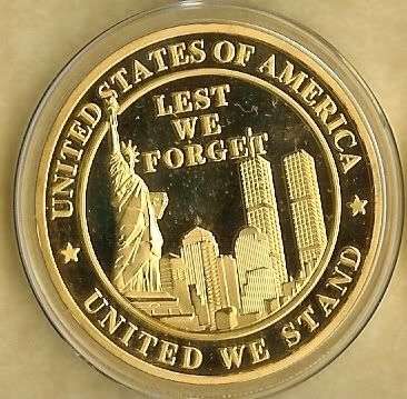 WTC 9/11 24KT LEST WE FORGET GOLD PLATED COMMEMORATIVE COIN