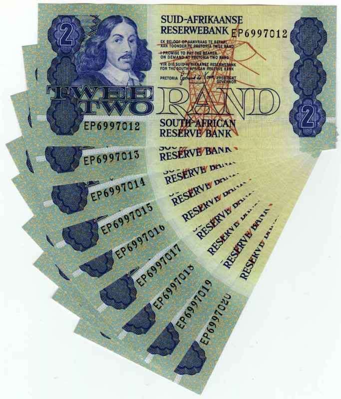 G DE KOCK TWO RAND UNCIRCULATED BANKNOTES  X 9 NOTES IN SERIES