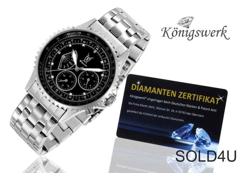 Original German Luxury Konigswerk Pluto diamonds clock steel band 44mm black with 8 GENUINE DIAMONDS