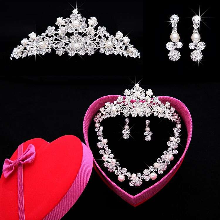Wedding Jewellery Bridal Tiara Necklace Earring Set Crystal Rhinestones & Pearls