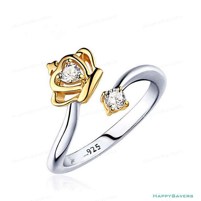 Sterling Silver Zircon Princess Gold Crown Open Adjustable Ring