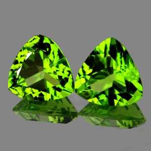 UNHEATED CLEAN 1.78Cts. (2 Pieces) 6 x 6 MM. TRILLION CUT AAA GREEN PERIDOT PAIR - 100% Natural