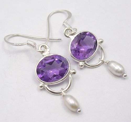 ELEGANT & CLASSIC 100% GENUINE AMETHYST AND PEARL EARRINGS SET IN 925 STERLING SILVER