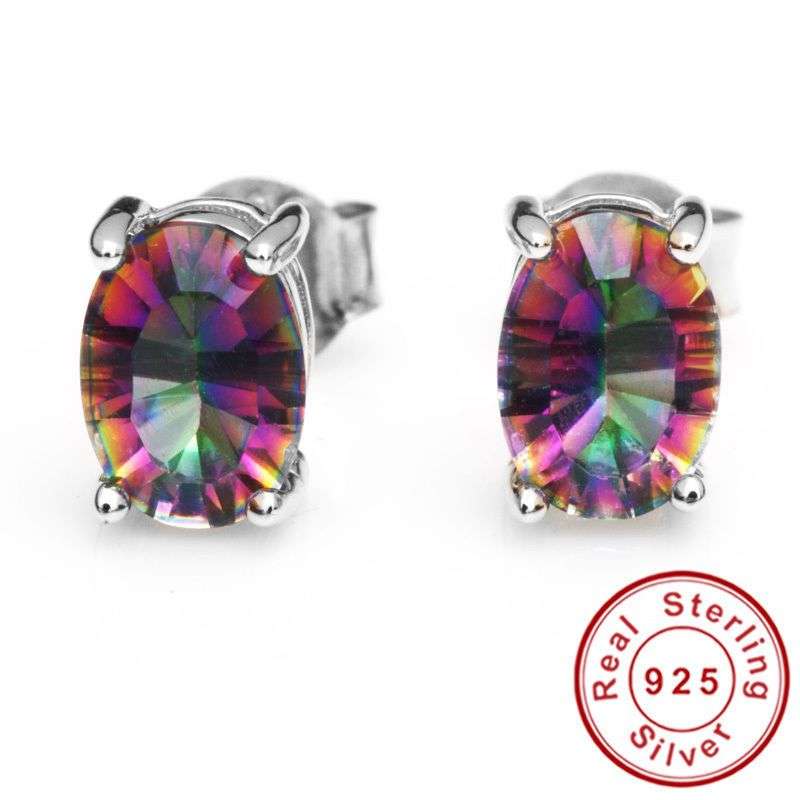 VERY DAINTY GENUINE MYSTIC RAINBOW TOPAZ 925 SOLID STERLING SILVER STUD EARRINGS