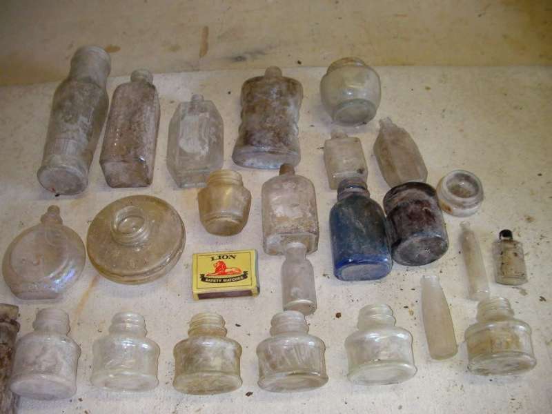 Variety of antique bottle + ink bottles R10. start bid