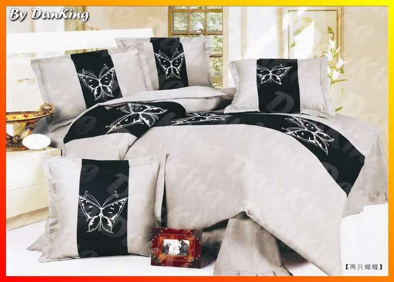 6 Piece Quality Satin Bed Linen - Queen Size - Silver & Black Duvet Set (Curtains on order)