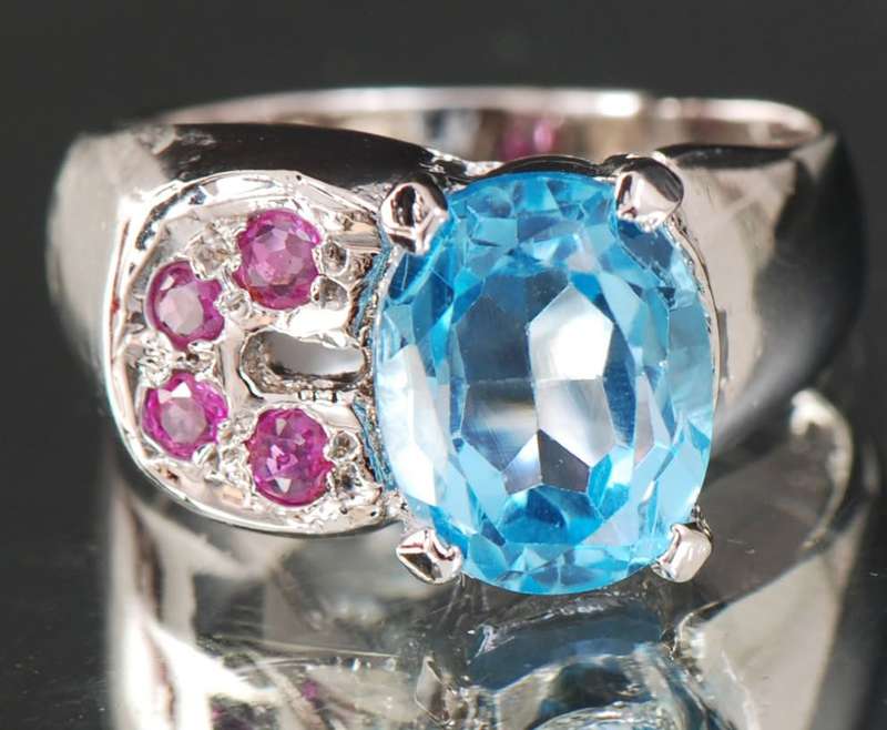 Swiss Blue Topaz & Natural Untreated Madagascar Ruby 925 Gemstone Silver Ring