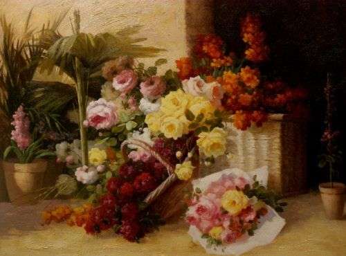 BEAUTIFUL BOUQUET OF ROSES OIL PAINTING ON CANVAS SIGNED BY FRENCH ARTIST DELATOUR