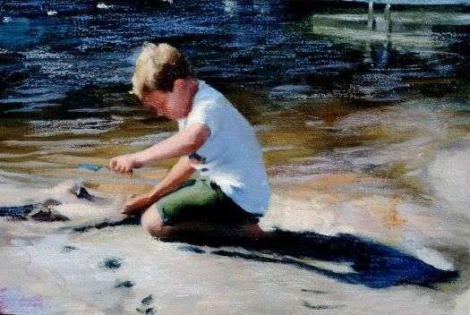 R1 NO RESERVE YOUNG BOY AT THE BEACH BEAUTIFUL OIL PAINTING SIGNED BY THE ARTIST GREAT ART