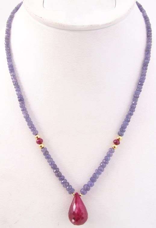 Designer Tanzanite strand with African Ruby drop and gold findings