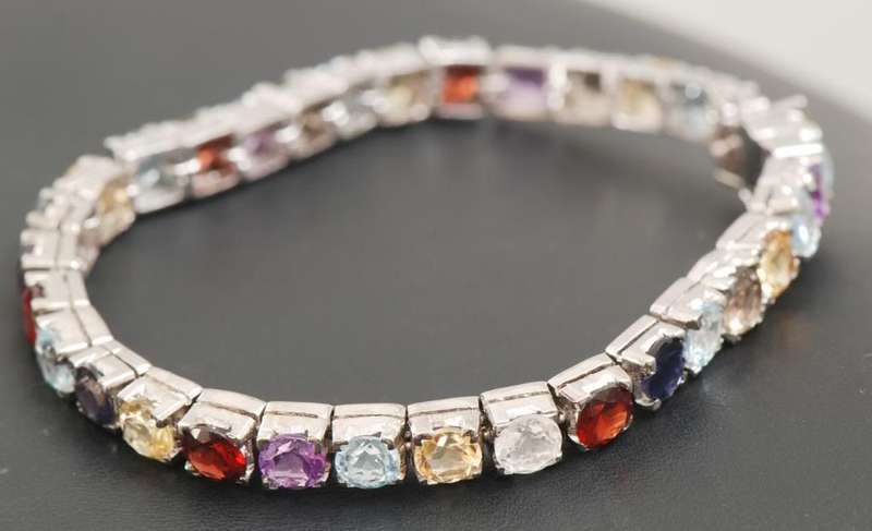 925 Sterling Silver Multi-Gemstone Bracelet - Amethyst, Garnet, Citrine, Blue Topaz, Iolite - All Ge