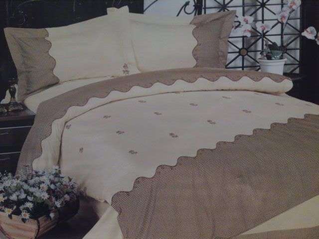 Light Brown and Beige Checked 6 Pc Embroidered Duvet Set