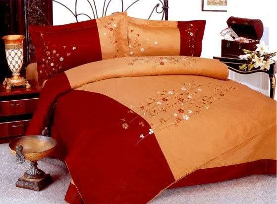 Maroon and Beige Embroidered Duvet Set