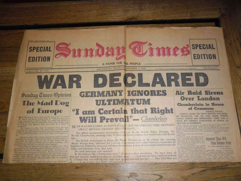 Sunday Times News Paper 3 September 1939 War declared Germany Ignores Ultimatum
