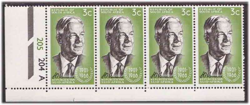 RSA 1966 Dr Verwoerd Commemoration strip of 4 with control numbers