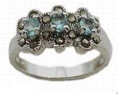 925 Sterling Silver Flowers Aqua CZ Marcasite Ring 7 O