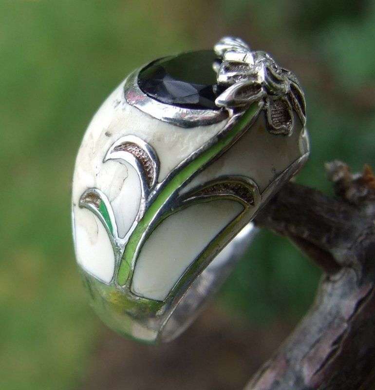 925 silver and enamel ring with tourmaline signed by Montreal designer David Sigal - Size K.