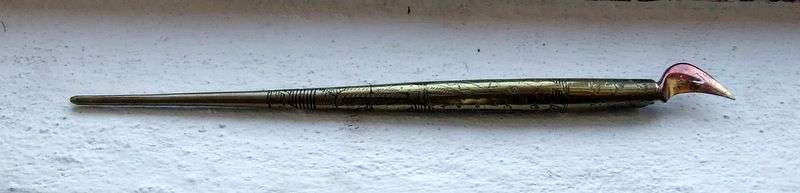 Beautiful  engraved brass dipping caligraphy pen with rare William Mitchell's Fine Large Oblique nib